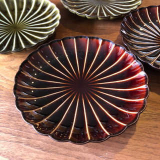 多治見焼　菊皿　4枚組　茶　緑　　中古の画像