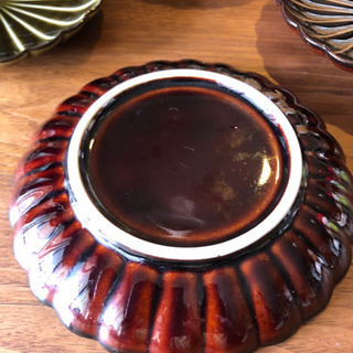 多治見焼　菊皿　4枚組　茶　緑　　中古の画像