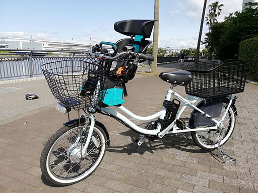 【美品・使用感小・NGKフロントチャイルドシート・大型リアバスケット付属】丸石サイクルふらっか～ずココッティアシスト水色 2019年モデル