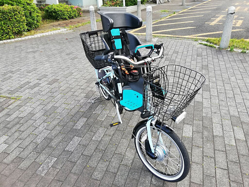 【美品・使用感小・NGKフロントチャイルドシート・大型リアバスケット付属】丸石サイクルふらっか～ずココッティアシスト水色 2019年モ