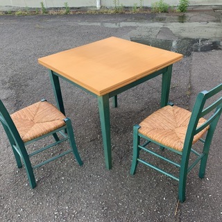 アンティーク ダイニングテーブル3点セット 伸縮式テーブル ＋ 椅子2脚 木製 グリーン系 レトロ 中古 Eの画像