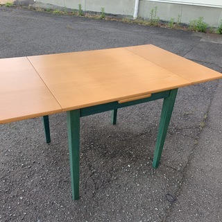 アンティーク ダイニングテーブル3点セット 伸縮式テーブル ＋ 椅子2脚 木製 グリーン系 レトロ 中古 Eの画像