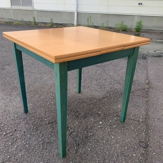 アンティーク ダイニングテーブル3点セット 伸縮式テーブル ＋ 椅子2脚 木製 グリーン系 レトロ 中古 Eの画像