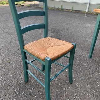 アンティーク ダイニングテーブル3点セット 伸縮式テーブル ＋ 椅子2脚 木製 グリーン系 レトロ 中古 Eの画像