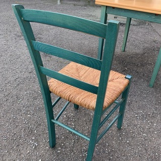 アンティーク ダイニングテーブル3点セット 伸縮式テーブル ＋ 椅子2脚 木製 グリーン系 レトロ 中古 Eの画像