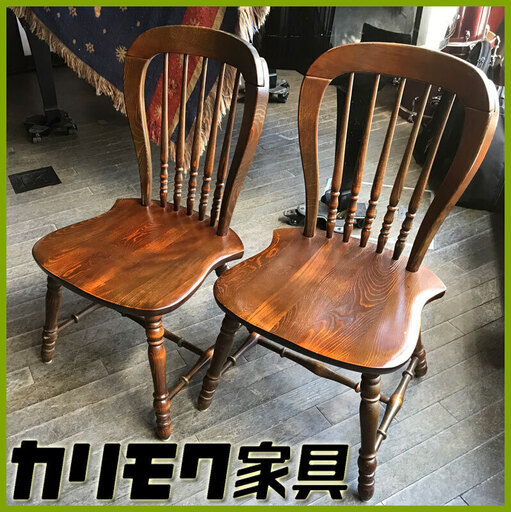 廃番◆オールド カリモク WINDSOR Chair ナラ材 / ペア◆コロニアル ウィンザーチェア 木製椅子 アンティーク ダイニング 天然杢 karimoku