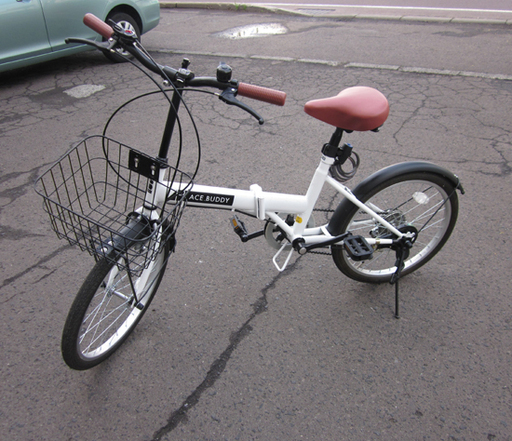 南12条店 20インチ カゴ・ライト付き折り畳み自転車 6段変速 ホワイト