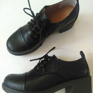 S 新品 レディース オックスフォード 靴 シューズ 通学 通勤 カジュアル ブラック 黒 ヒールの画像