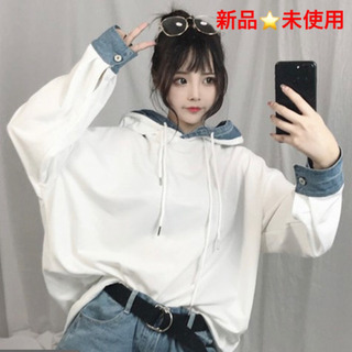 シンプル長袖ラウンドネックプルオーバーローウエストパーカー