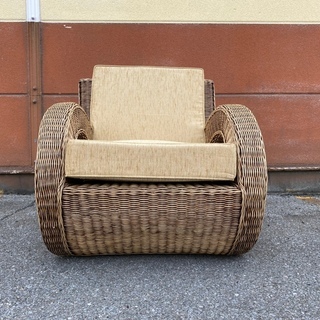 新品 未使用品 ソファ 1シーター 1人掛け ラタン α型 ナチュラル 輸入品 中古品①
