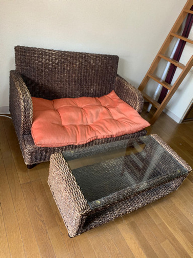 取引中 アジアン家具  籐のソファ＆センターテーブルセット