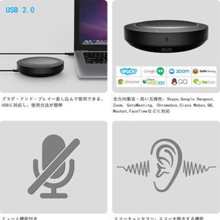 【新品未使用】USBスピーカーフォン PCマイク 双方向通話 USBマイクロホン 全指向性集音マイク ZOOM・Web会議・ビデオ会議・テレワーク・オンライン会議・在宅 会議用システム・通信講座・eラーニング・ミーティング・ビデオチャット・VoIP通話やWindows Liveメッセンジャー・Skype通話などに対応 USBモデル（ブラック）の画像