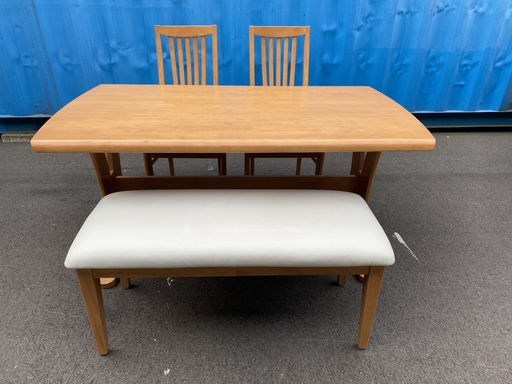 ダイニングテーブルセット テーブル ベンチ チェア 4点セット 茶 中古品