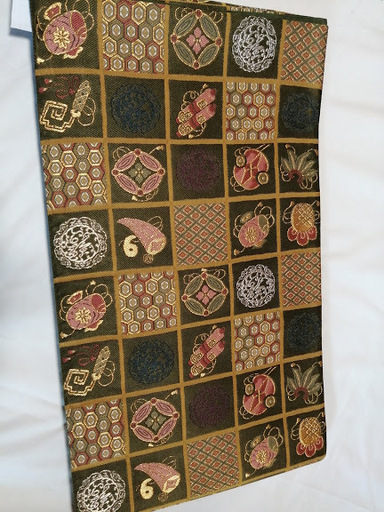 新品☆千地泰弘袋帯　格天井柄　モスグリーン