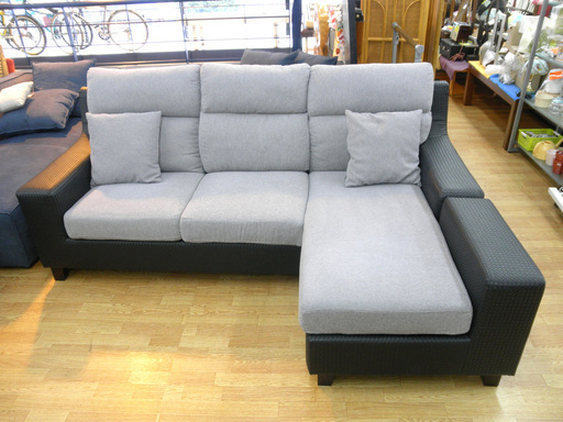 3人掛けソファ L字ソファ カウチ左右対応 ブラック×グレー カウチソファ 幅203㎝　西岡店