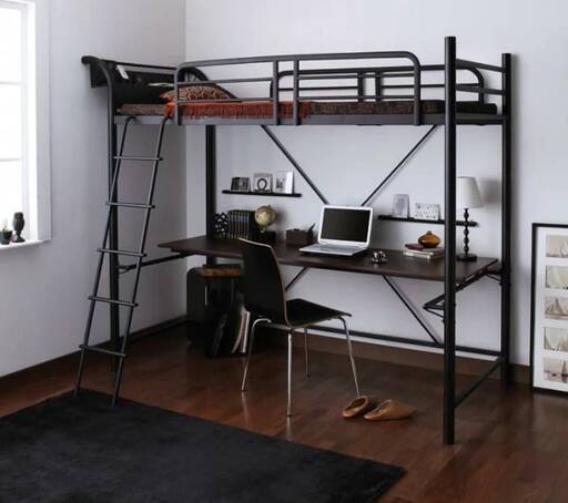 【未使用・訳アリ】3段可動デスク＆コンセント宮棚付きスチールロフトベッド・ブラック・4715