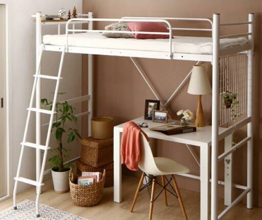 【未使用・訳アリ】シングルショート丈・コンパクトロフトベッド・高さ調整可・ホワイト・4135