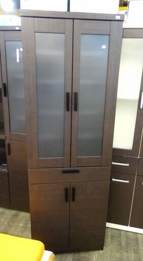 二枚扉食器棚 焦げ茶 ダークブラウン 耐震ロック付き 幅約60.5cm　高さ約180cm   キッチン 収納