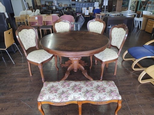 イタリア製　SCAPPINI&C　丸テーブルと椅子４脚とベンチチェアのダイニング６点セット『良品中古』【リサイクルショップサルフ】