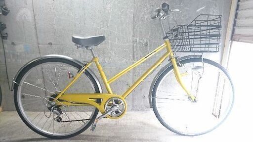 自転車中古 AFFICHE 外装6段変速 オートライト 大きめのカゴ付き 鍵新品 タイヤ26インチ カラーイエロー