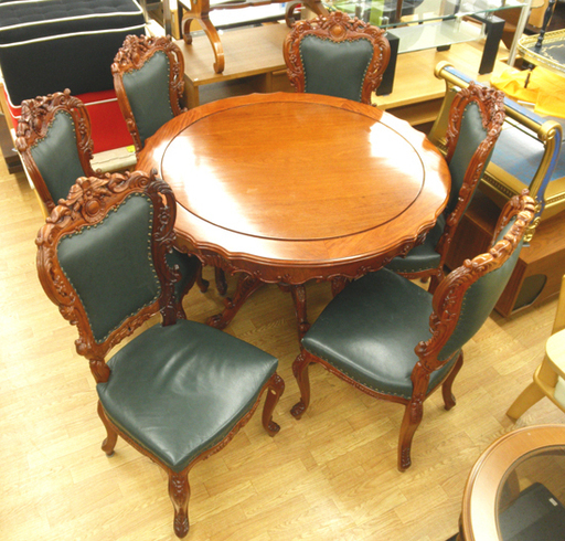 アンティーク調 4人掛け ダイニングセット 円卓 ラウンドテーブル チェア 6脚 7点セット 6人掛け としても使用可能 札幌 豊平区　西岡