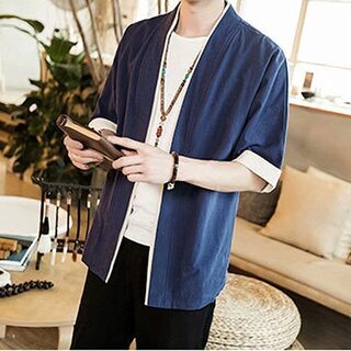 パーカー 五分袖 和式 カーディガン コート夏服 メンズ 無地 和風 羽織 の画像