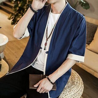パーカー 五分袖 和式 カーディガン コート夏服 メンズ 無地 和風 羽織 の画像