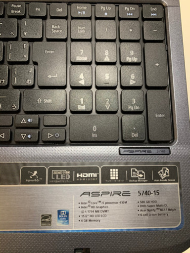 ノートパソコン　acre ASPIRE15インチ　core i5 4GBメモリ、500GB HDD
