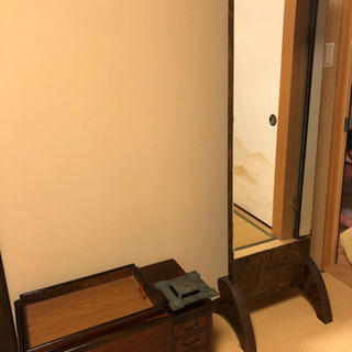 北区/板橋付近【美品】姿見/鏡　スタンドミラー自立式足付、布製カバー付/ 和小物/アンティーク/古道具/古民家の画像