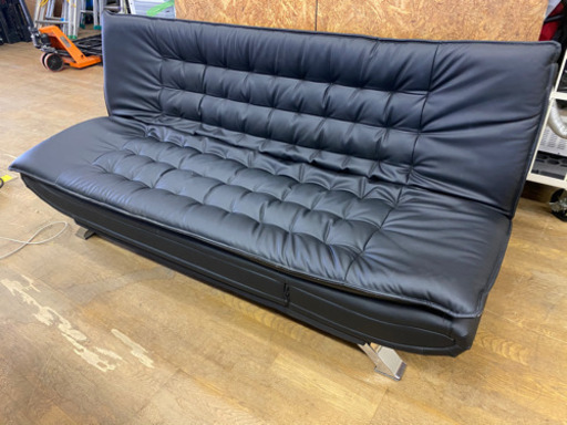 0624-16  ☆美品☆ ブラック　レザー　ソファベッド