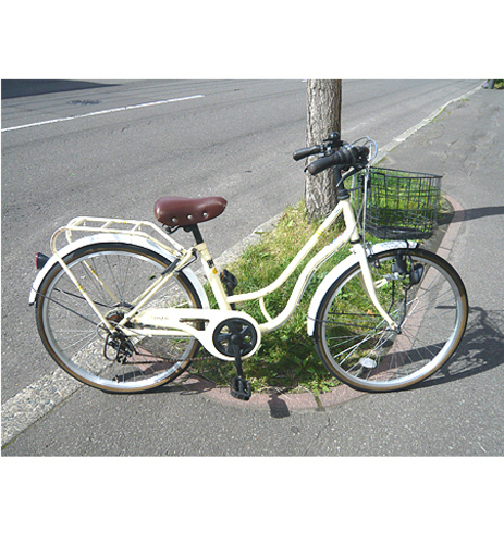 札幌 24インチ 自転車 6段変速 ヘッドライト/鍵付き ママチャリ クリーム色 本郷通店