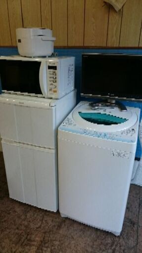 7月お買い得セット③！！ハイアール JR-9ADK　2ドア冷凍冷蔵庫100L　2007年製・東芝AW-BK5GM全自動洗濯機　5.0K　2014年製・パナソニック　NE-EH224　電子レンジ　2012年製・シャープ　KS-BK5A-W　ジャー炊飯器　2013年製・シャープ（AQUOS）LC20EX3液晶テレビ　2008年製　5点セット！！