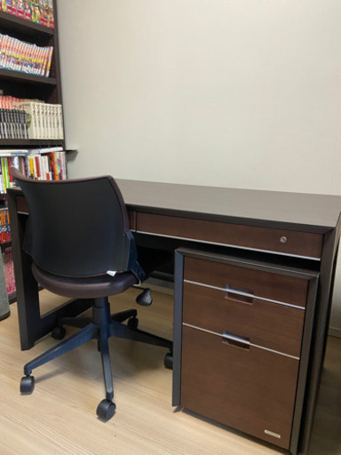 PCデスク&チェア&引出ワゴンのセット/勉強机/ブラウン