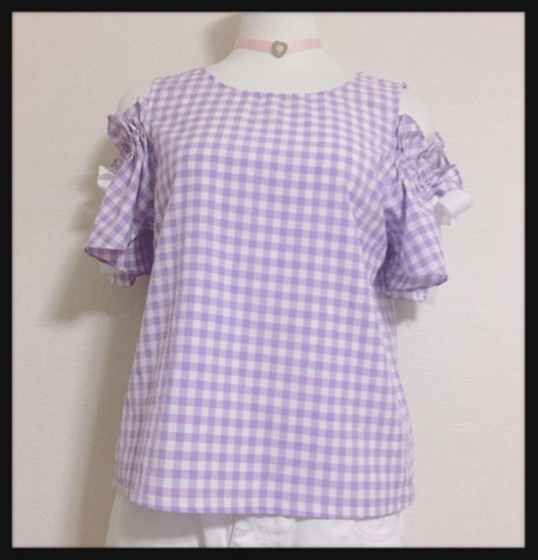 ご購入者様決定 [SPINNS]ギンガムチェック 姫系 オフショルダーカットソー 紫色 白色 夢可愛い