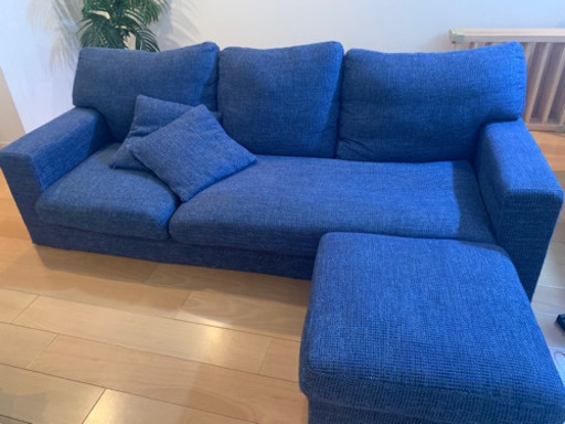 ブルー　ソファ　3.5人がけ　オットマン付き