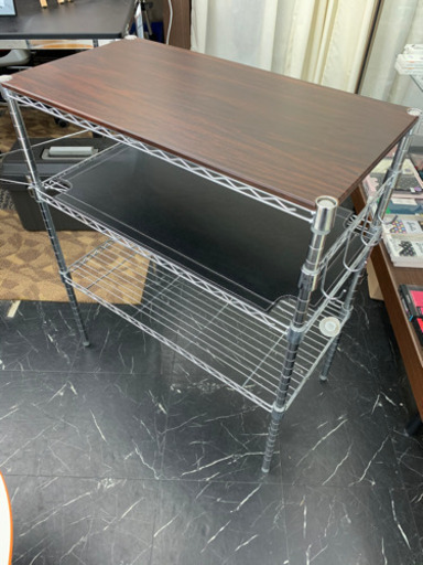 【成約御礼】スチールラック/木製天板/革シート付/4連フック付/3段/メタルラック[中古品]¥2,200