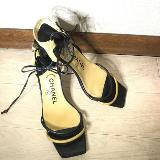 CHANEL シャネル  レザーリボン　白黒　ストラップ　ココマーク　サンダル