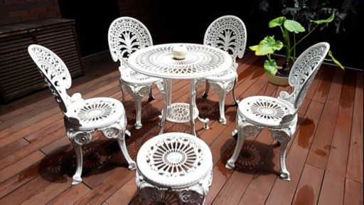 ◆美品◆ ホワイトアイアン製　ガーデンテーブル＆チェア5脚セット