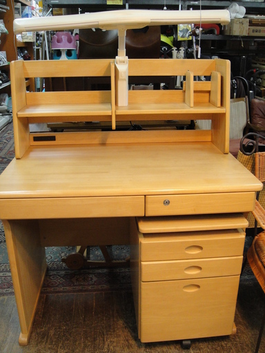 光製作所　天然木学習デスク４点セット（デスク・袖机・ブックシェルフ・ライト）　学習机　子供机