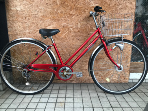 シティサイクル27インチ 6段変速 大型ステンレス製前カゴ メタリックレッドカラー お買い物 街乗り 通勤・通学