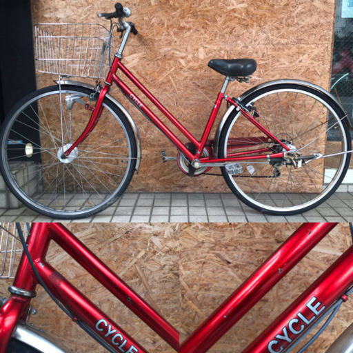 シティサイクル27インチ 6段変速 大型ステンレス製前カゴ メタリックレッドカラー お買い物 街乗り 通勤・通学