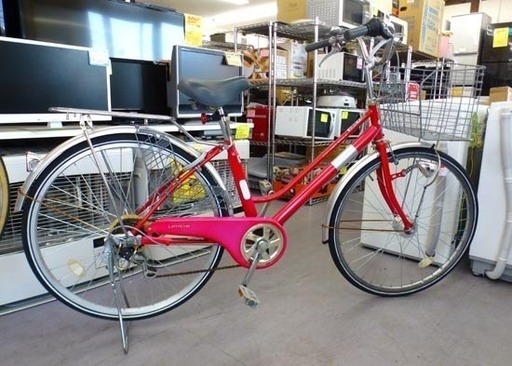 自転車 26インチ シティサイクル ママチャリ ライト付き 赤系 6段変速