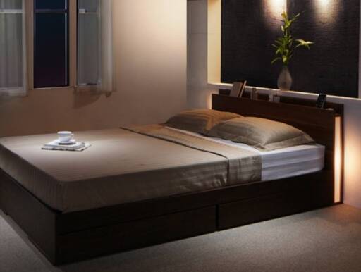 【未使用・訳アリ】シングル・2杯収納・照明コンセント付きベッド・ウォルナットブラウン・6284