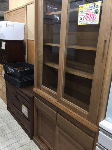 7/21東区和白  定価¥70,380  河口家具  2面食器棚  天然木使用 タモ材スライドカウンター付き  強化防止シート
