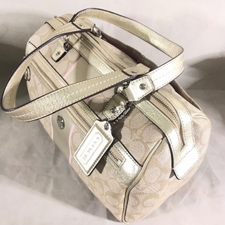 COACH コーチ 金レザー×PVCシグネチャー 肩かけショルダーボストンバッグ