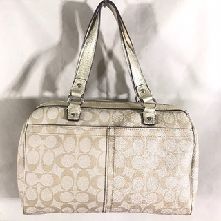 COACH コーチ 金レザー×PVCシグネチャー 肩かけショルダーボストンバッグ