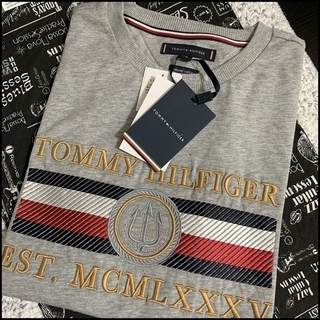 凝った刺繍がすごい Tシャツ グレーS　TOMMY HILFIGER