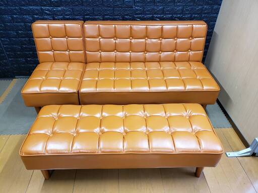 【未使用・訳アリ】ソファダイニング・２P＋１P＋ベンチセット・キャメルブラウン・6663