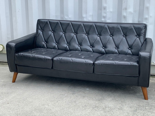 美品！カリモク風 ひし形 ステッチソファ◇３人掛け 艶ありブラック◇ アンティーク調 昭和レトロモダン