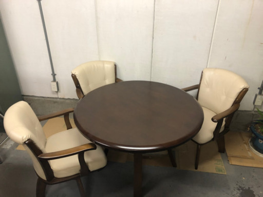 ■急募■高級家具　アンティーク　テーブル　イス3席　セット　ダイニング　セット　美品　椅子　本革　丸テーブル　円卓　ウッド　木製■